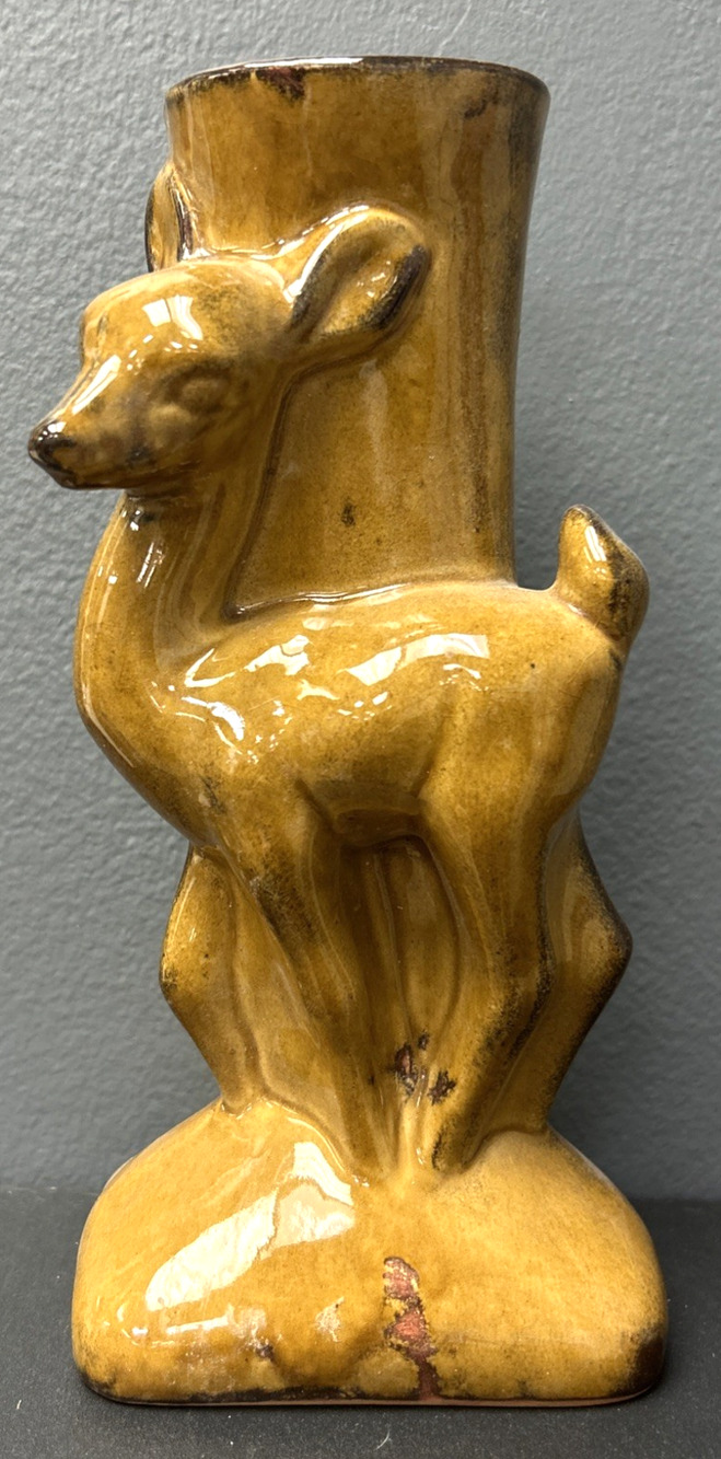 VTG Dryden Pottery Deer Vase Ozark Frontier Light Brown Drop Glaze 9” READ